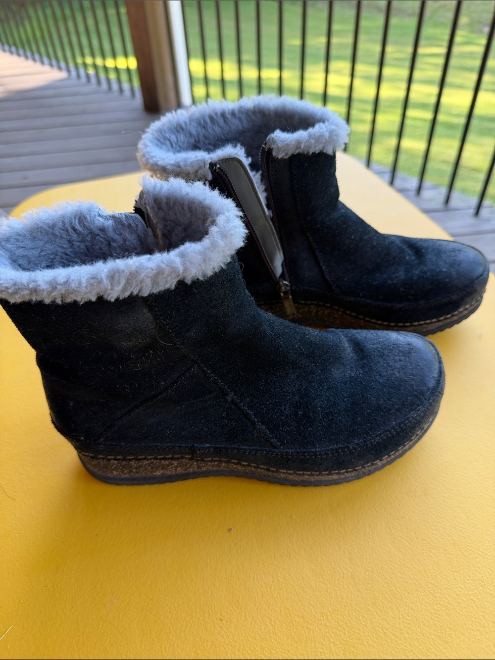Dansko Mitzy Black Burnished Suede Booties with Gray Faux Fur Trim Side Zip